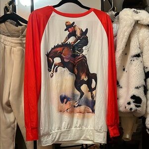 Women,s Red Raglan Sleeve Sweater with Cowboy Graphic